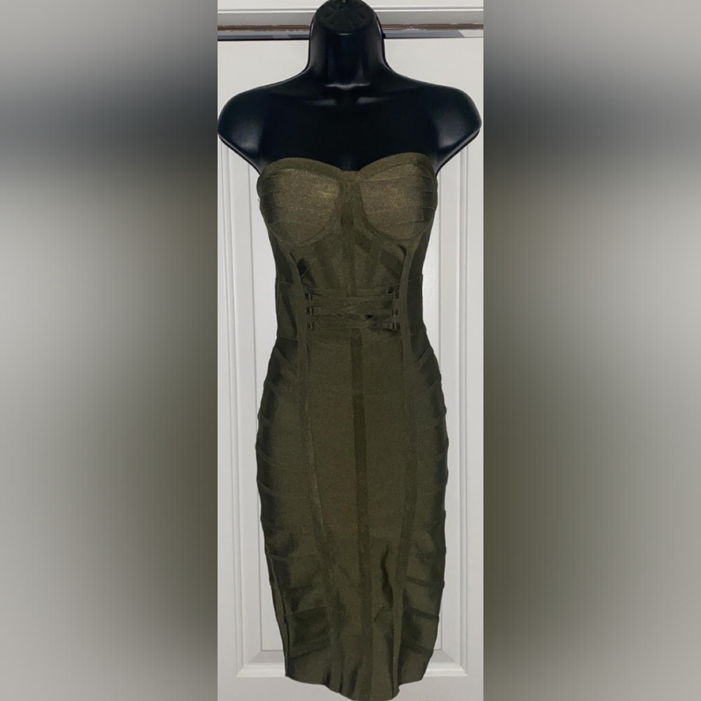 Fashion Nova "Give Me a Hint" Olive Green Bandage Dress Size XS